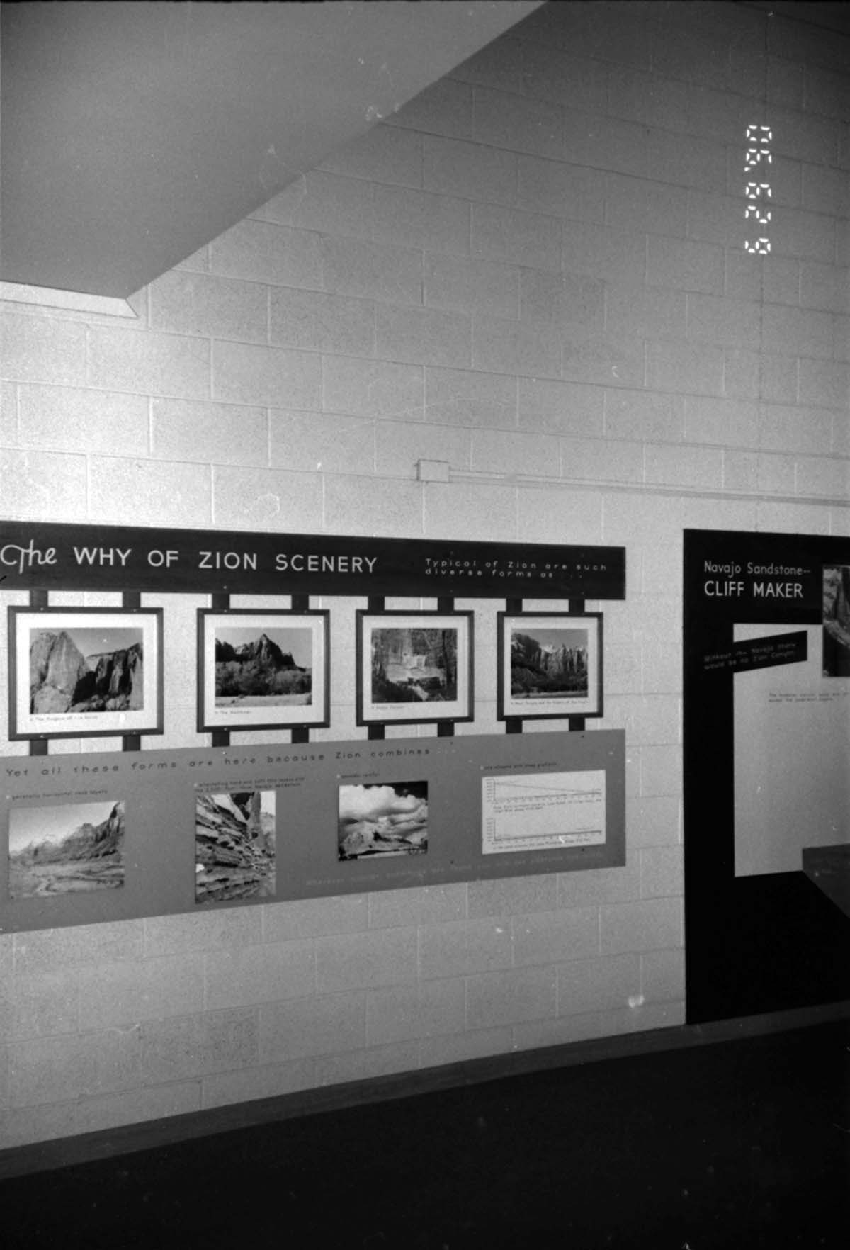 Photographs of Zion scenery as a part of the interpretive display in the old Mission 66 Visitor Center and Museum.