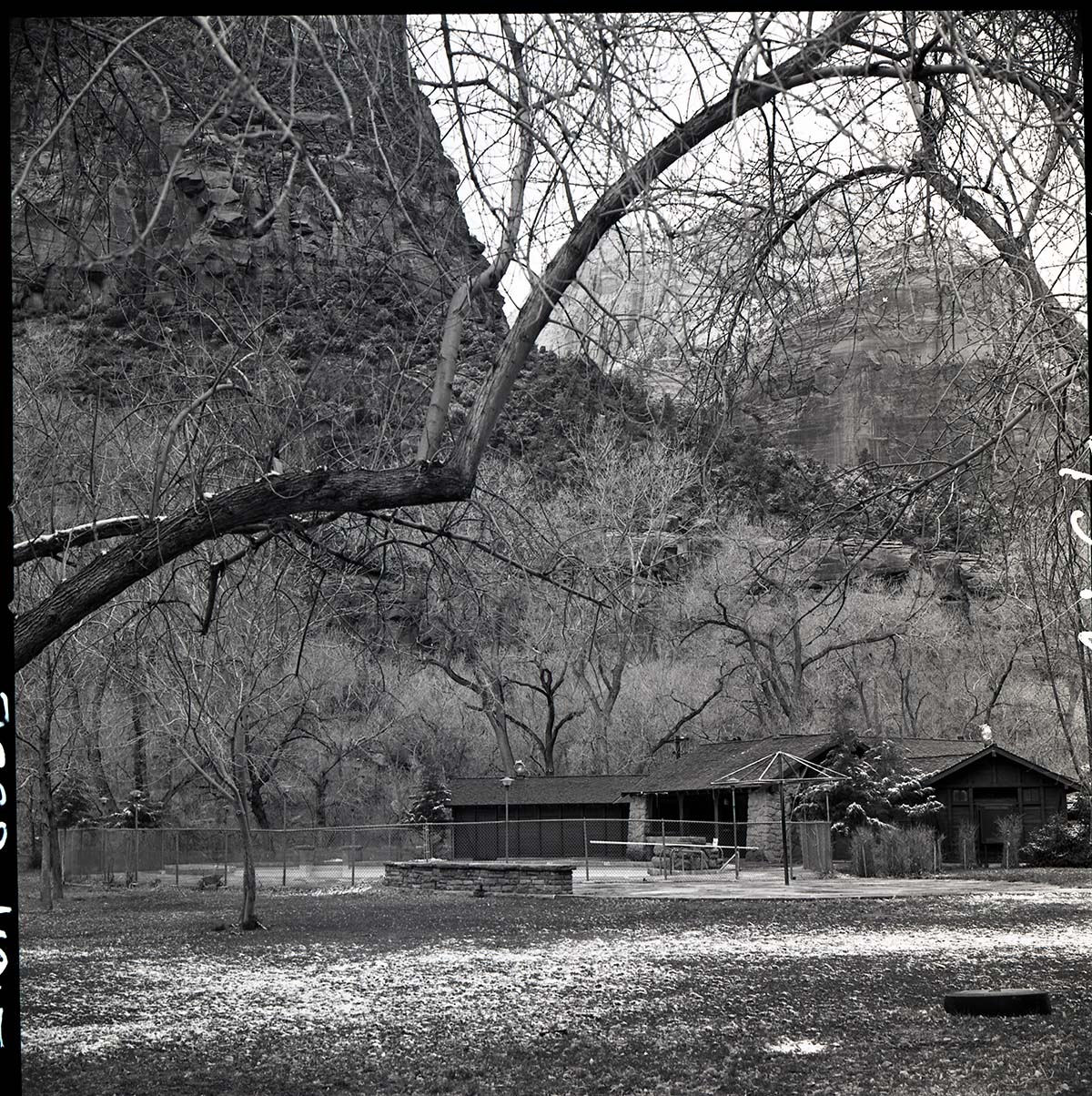 Zion Lodge pool, bath house, cabana frame, and patio. Taken in spring 1975 for Environmental Impact Statement (EIS).