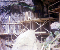 Scaffolding construction and use at the Temple of Sinawava during a spring project.