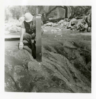 BW photo of the construction/modification of the Canyon Junction Spillway on the Virgin River.