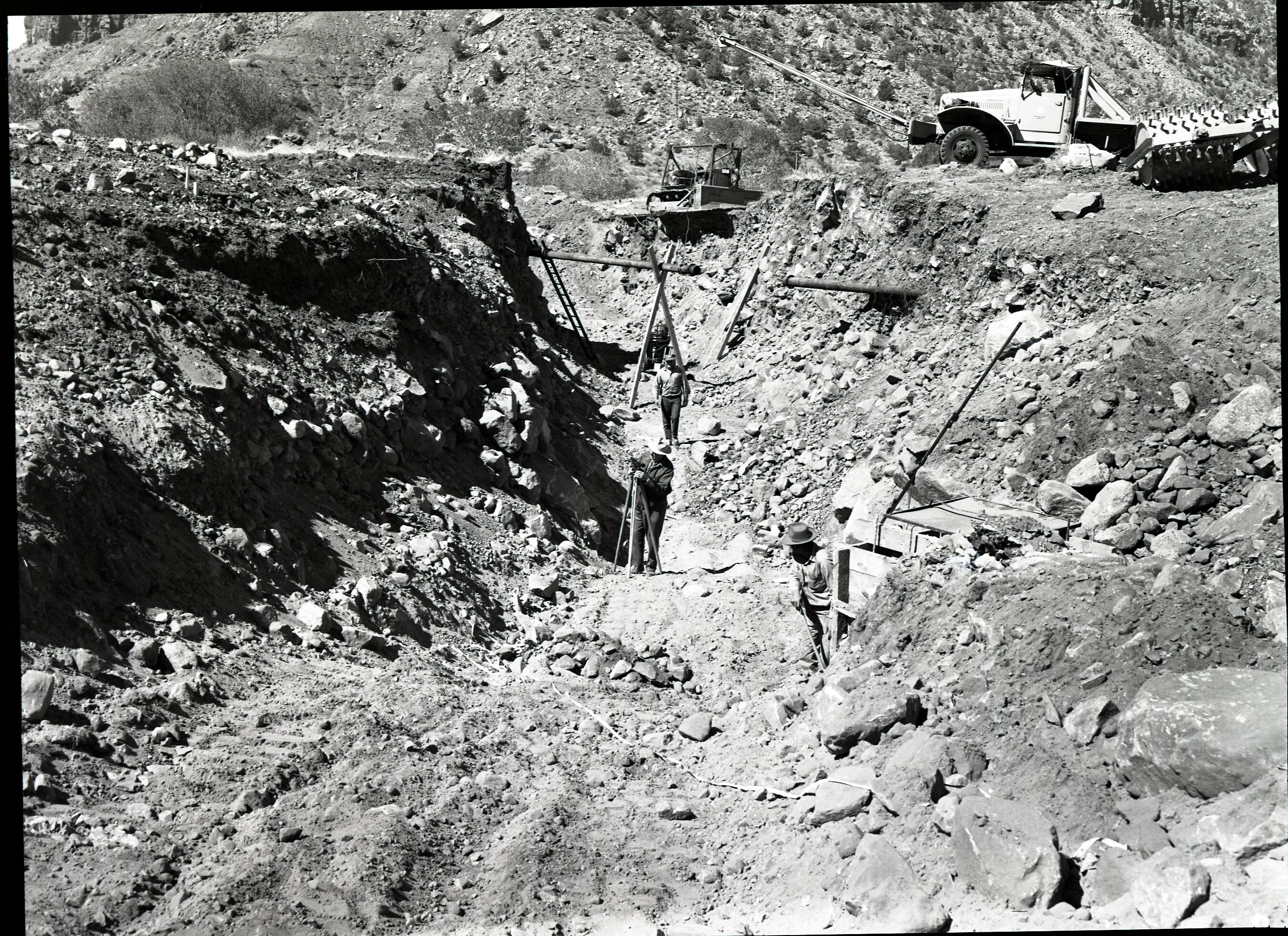 Visitor center sewage system, location of sewer line, and surveying elevations.