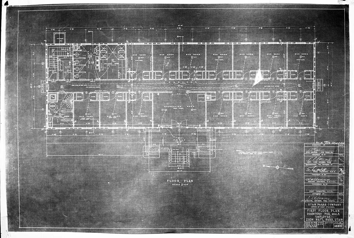 Blueprint of floor plan of the male dorm at Zion Lodge.