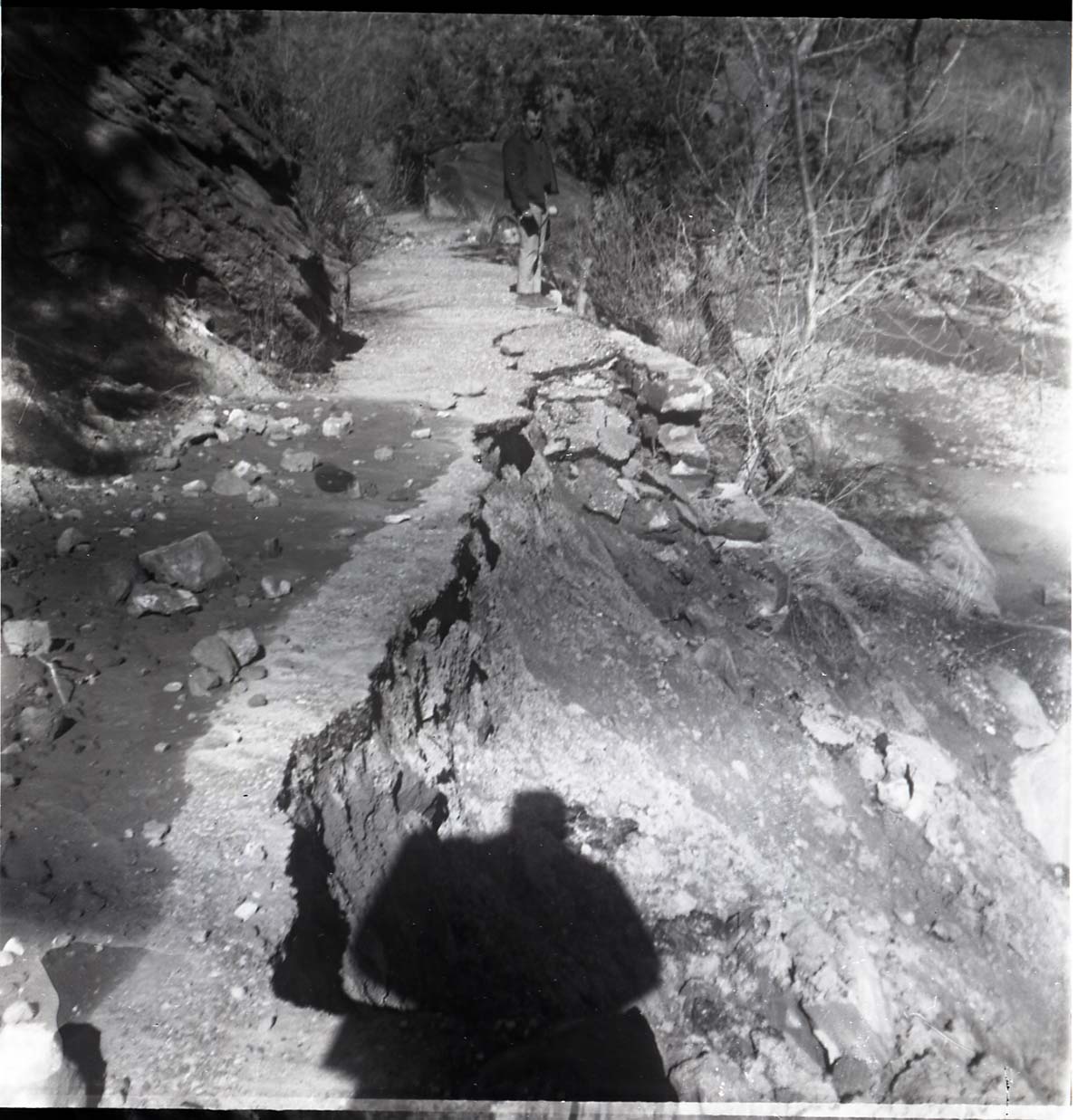 BW Photo of slide problems along the Emerald Pools Trail.