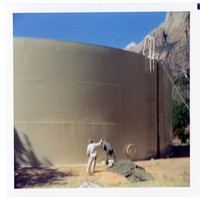 Workers repainting the exterior of the million gallon water tank at Birch Creek.