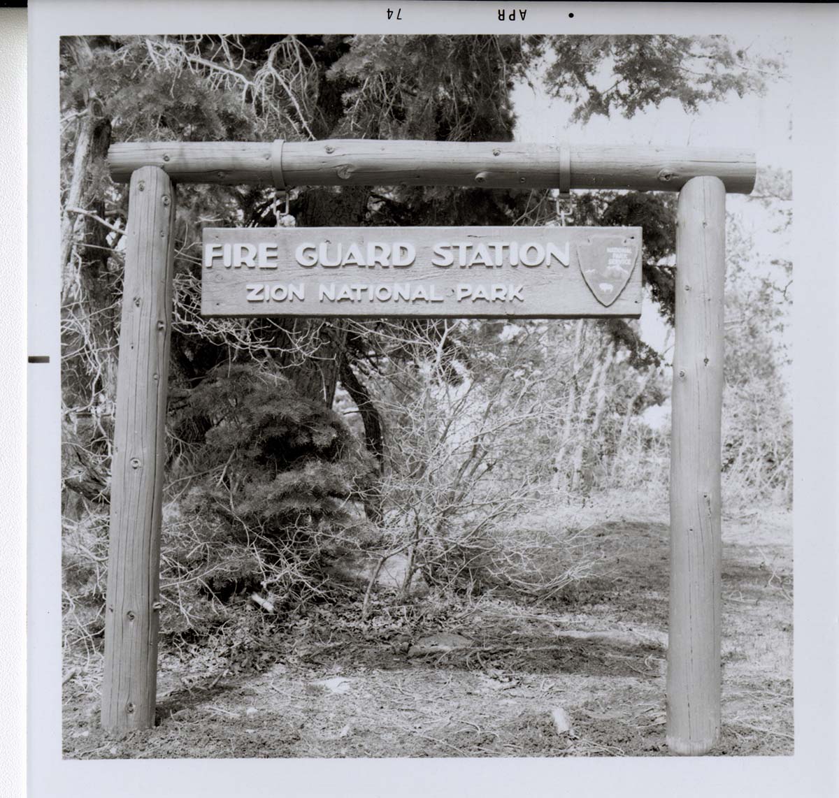 Sign reading 'Fire Guard Station, Zion National Park' in Kolob Canyon.
