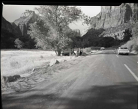 Auto accident 6 miles south of Zion Lodge. Car overturned just off road.