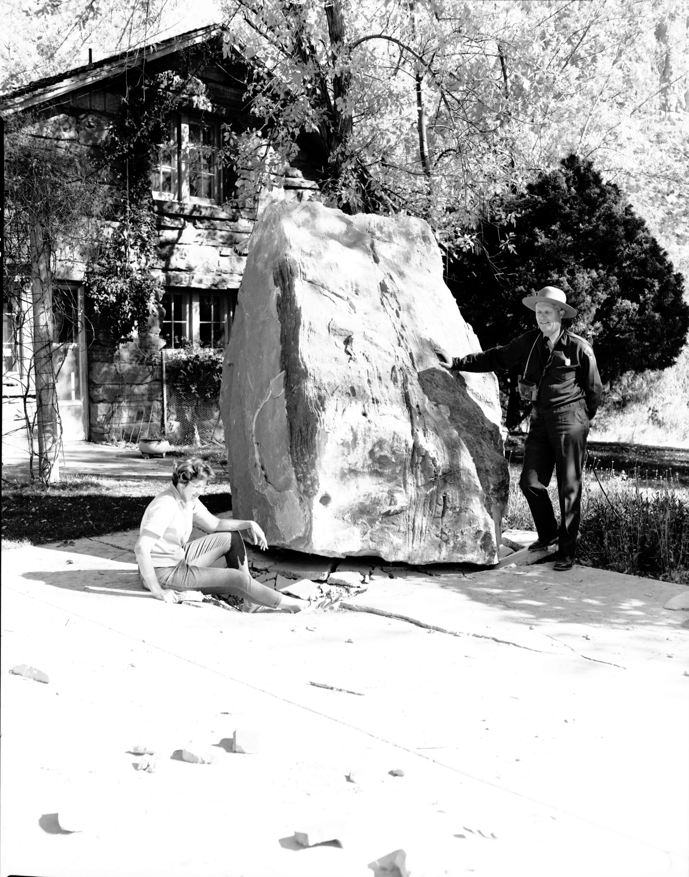 Rock fall behind Chief Ranger Fred Brueck's residence. Basketball hoop at edge of frame.