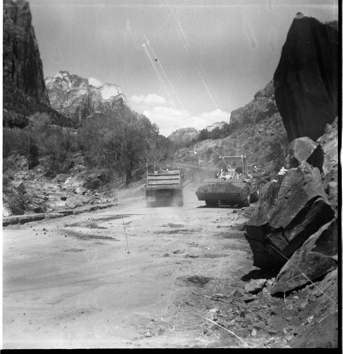 BW photo of rock slide near Echo Rock - 2.5" x 2.5".