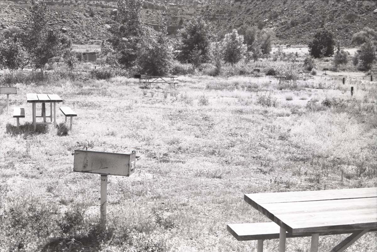 Picnic tables and grill at a campsite in Watchman Campground.