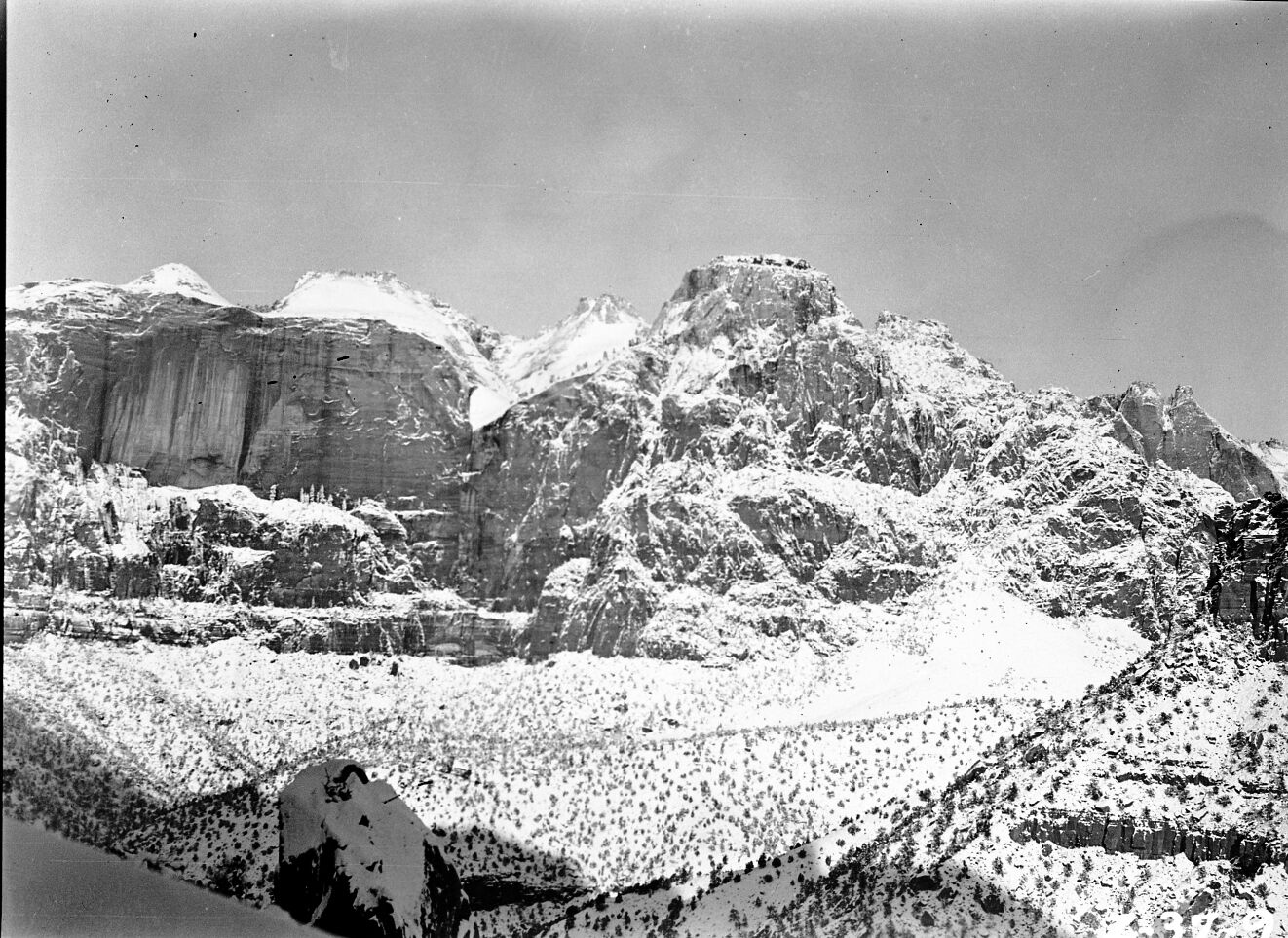 Snow covering Streaked Wall, the Beehives, and the Sentinel in Zion Canyon.