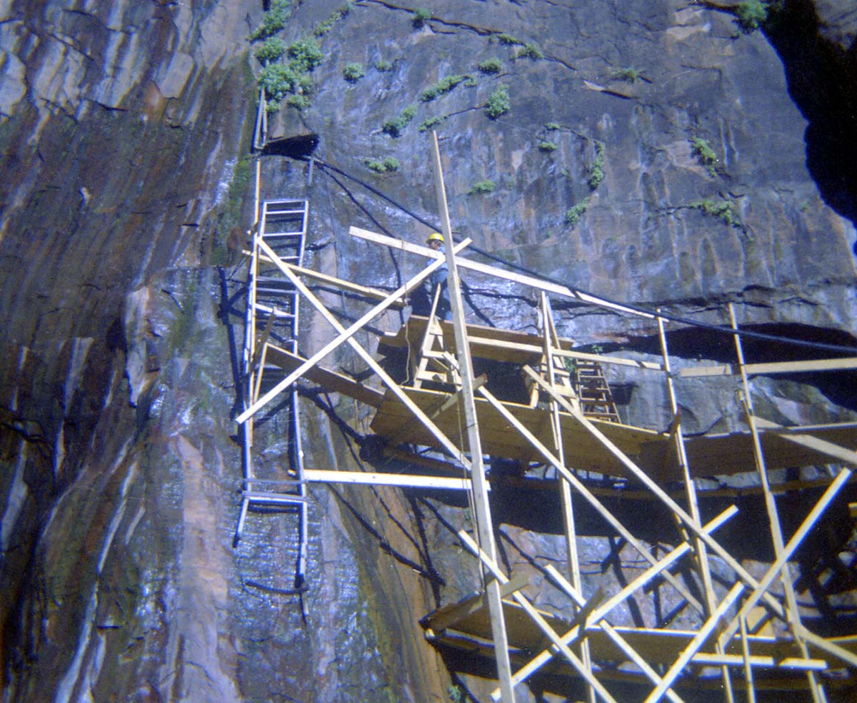 Scaffolding construction and use at the Temple of Sinawava during a spring project.