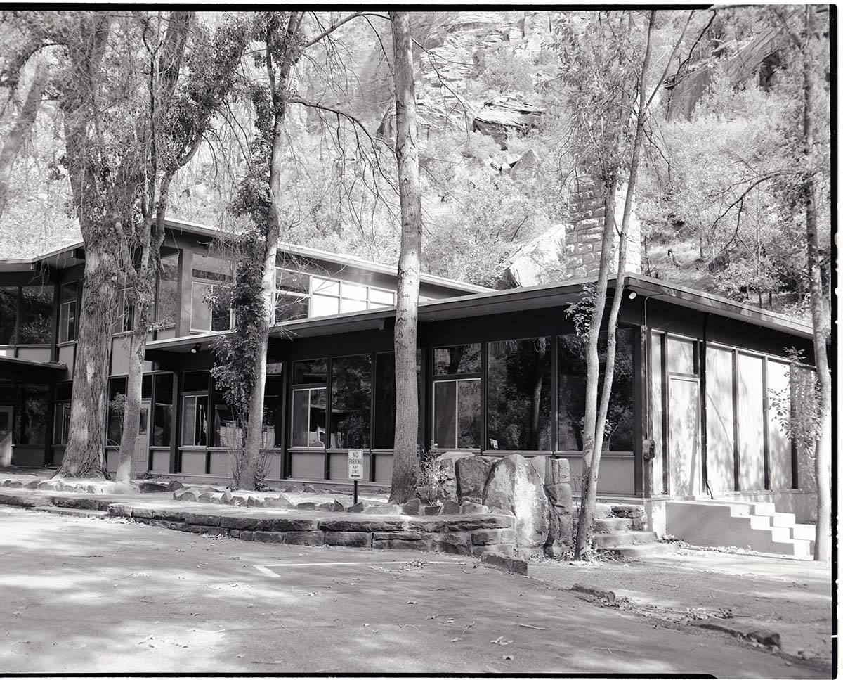 Reconstructed lodge after burning down on January 28, 1966. Dining room on top floor, main lobby below and the auditorium in foreground.