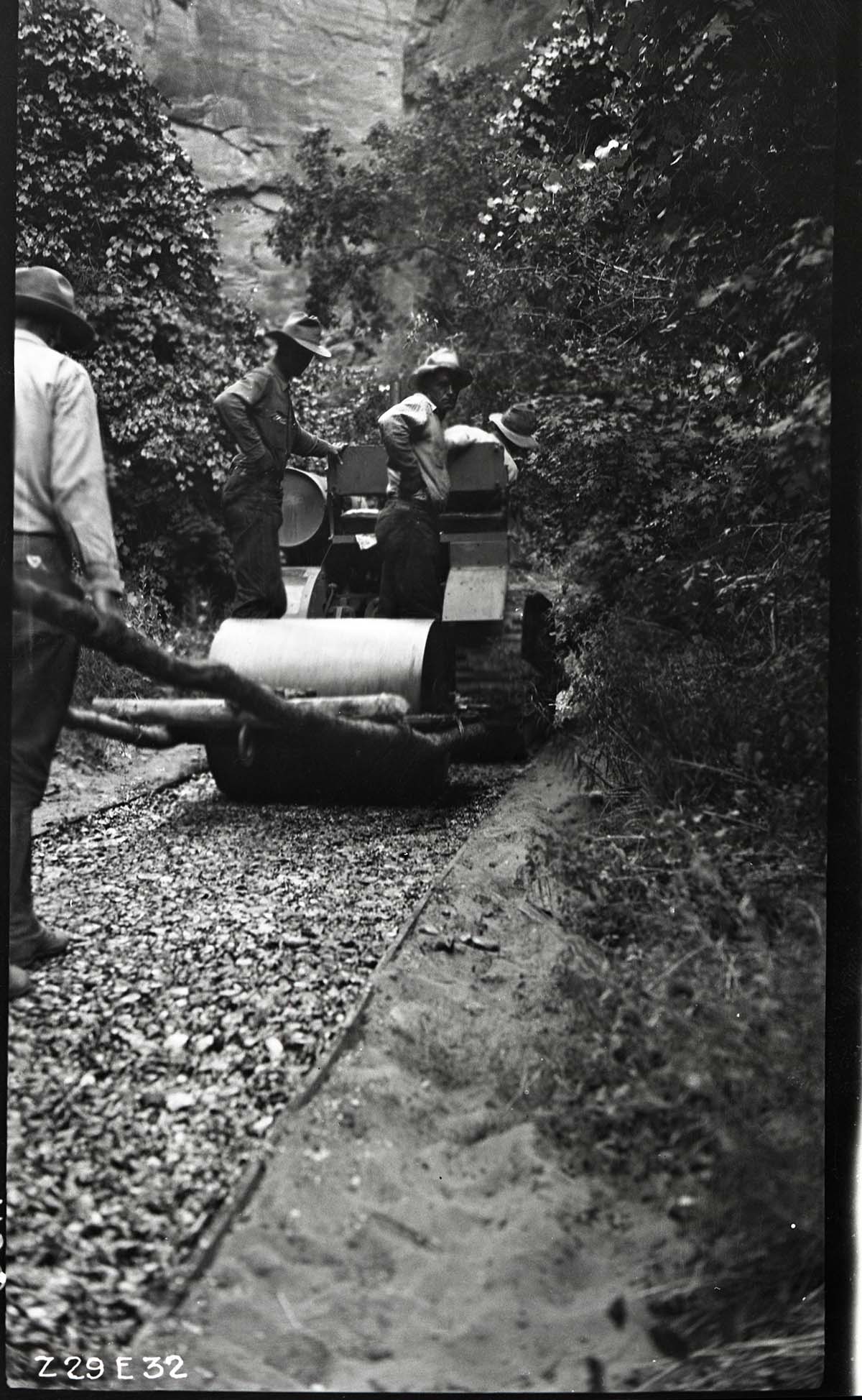 Narrows Trail construction- steering the roller around sharp curves.