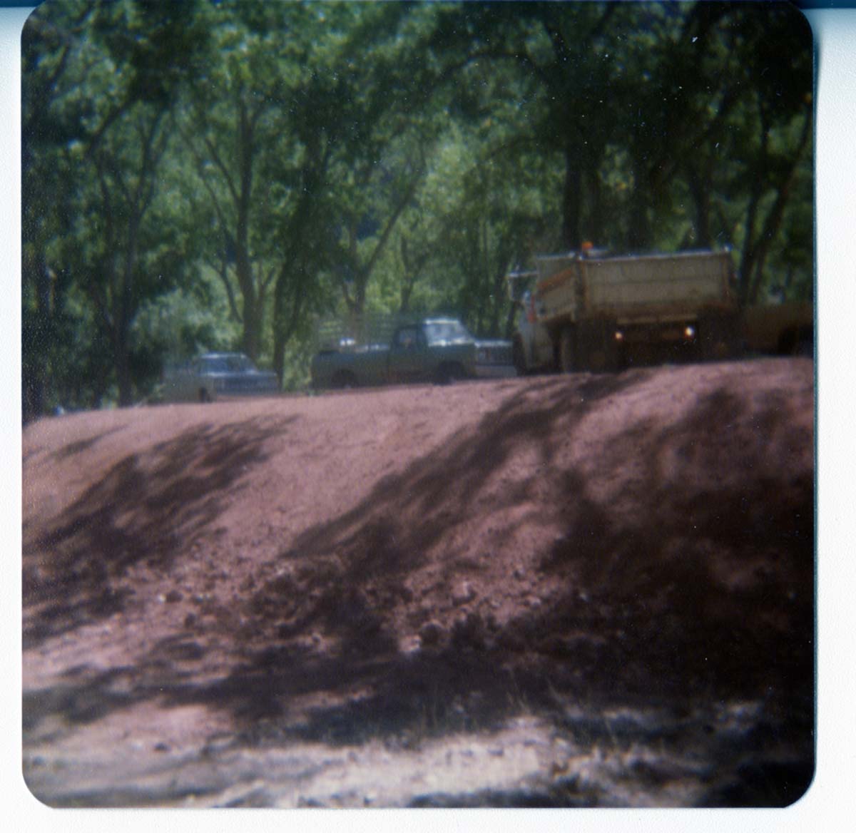 Construction vehicles during the emplacement of the new Zion Lodge footbridge.