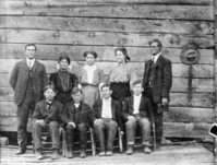 Springdale Sunday School class, circa 1915. From left (standing): Moses E. Gifford, Ansenette Gifford Maundsley, Irene Gifford Day, Florence Gifford Fairbanks, William Louis Crawford, and (seated): two boys, Elias Gifford, and Austin Gifford.
