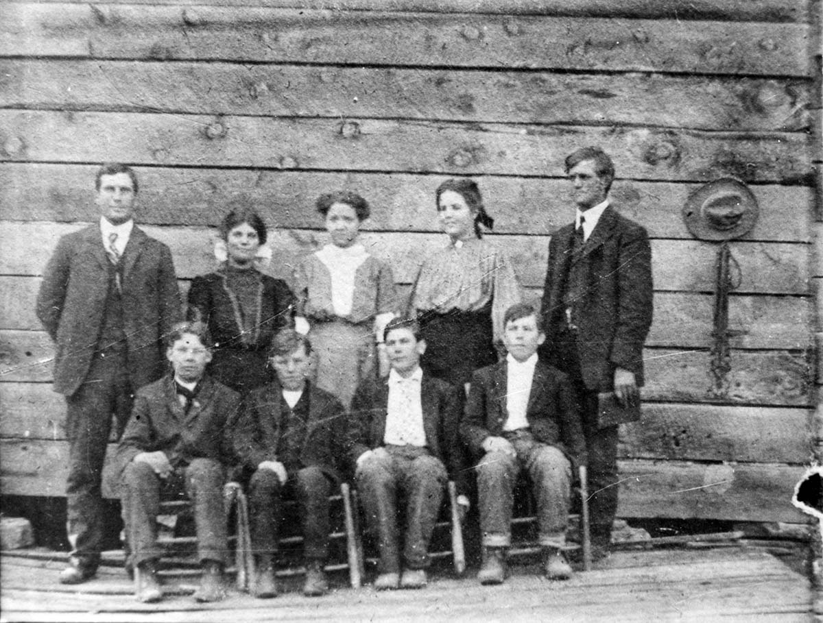 Springdale Sunday School class, circa 1915. From left (standing): Moses E. Gifford, Ansenette Gifford Maundsley, Irene Gifford Day, Florence Gifford Fairbanks, William Louis Crawford, and (seated): two boys, Elias Gifford, and Austin Gifford.