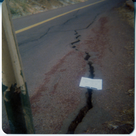 Crack in road in need of repair with paper marking over top.