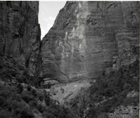 Rubble pile at base of canyon wall after rock slide. Birch Creek.