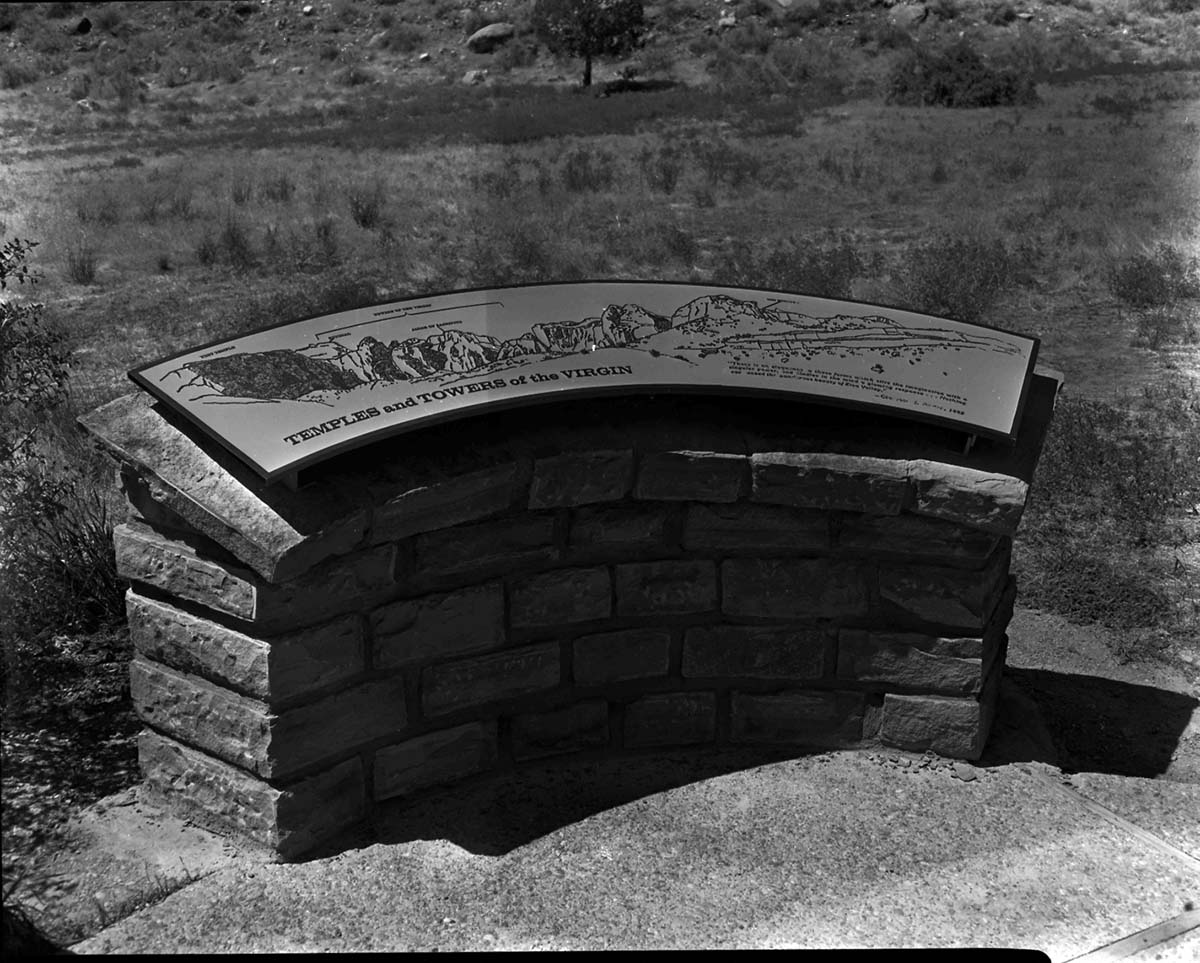 Wayside panel exhibit - Temples and Towers of the Virgin interpretive sign at west patio of Visitor Center.
