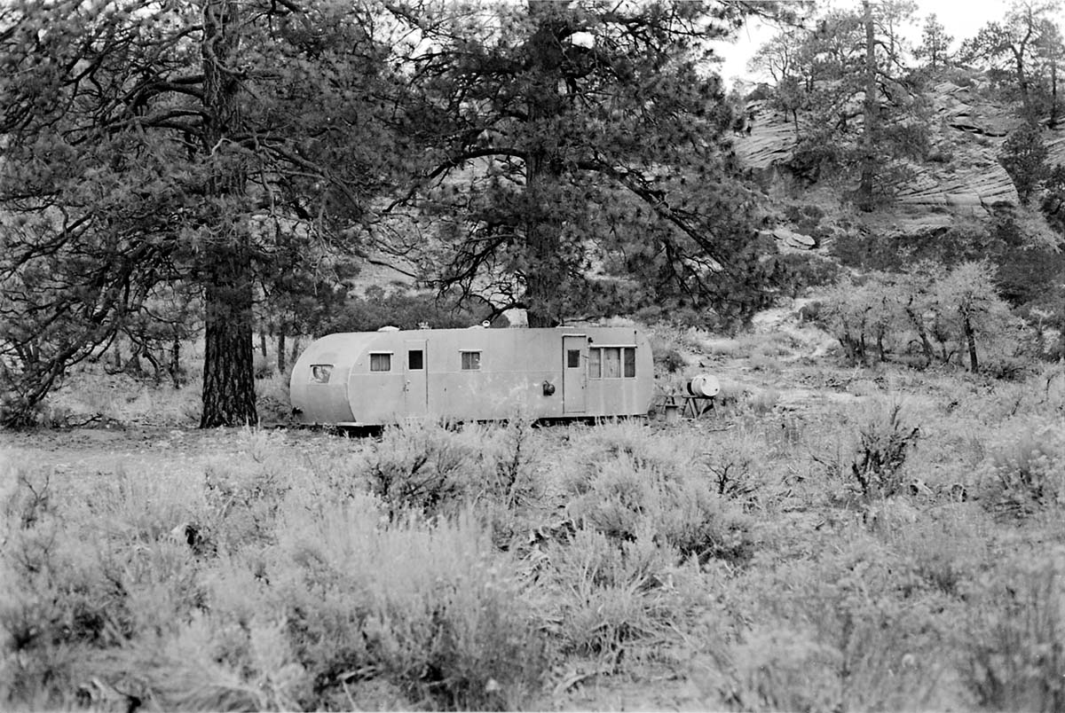 BW photo of the 1937 grazing study 35MM. Photo of trailer.