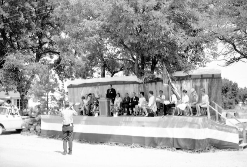 Arizona Governor Jack Williams speaking from podium at the dedication ceremony of Arizona State Highway 389, Fredonia, Arizona, August 5, 1967. New paved road completed between Fredonia and the Utah state line.