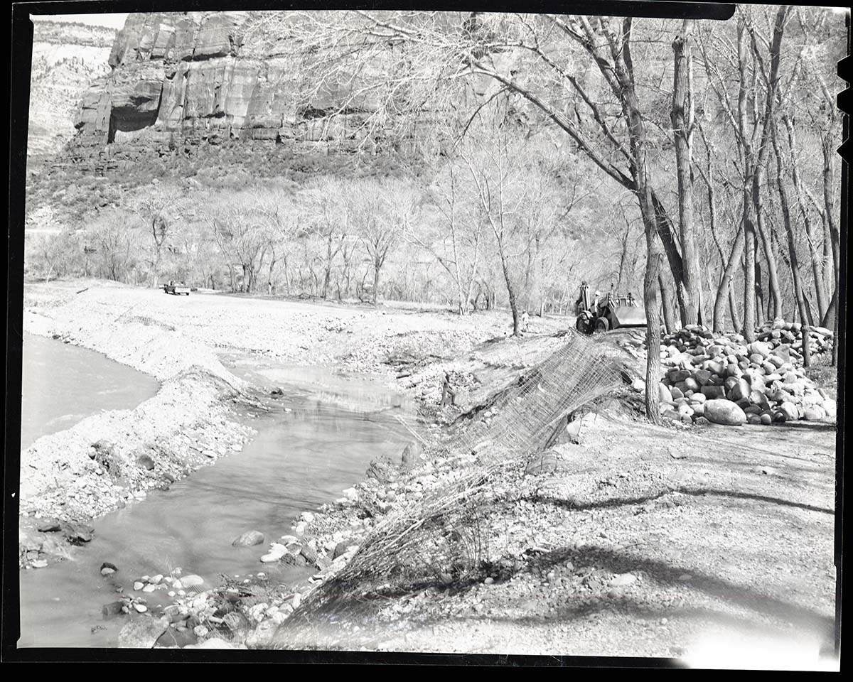 BW photos of the Virgin River Channelization Project near the Zion Lodge.