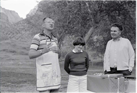 BW Photos of the Crocker/ Nicholson retirement barbeque. Superintendent Harold Grafe in apron speaking.