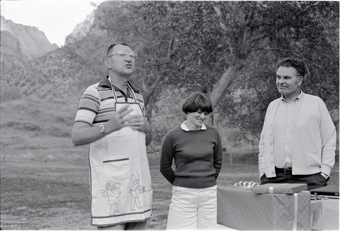 BW Photos of the Crocker/ Nicholson retirement barbeque. Superintendent Harold Grafe in apron speaking.