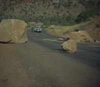 Color Photo of a rock slide near the junction of routes 1 and 2.