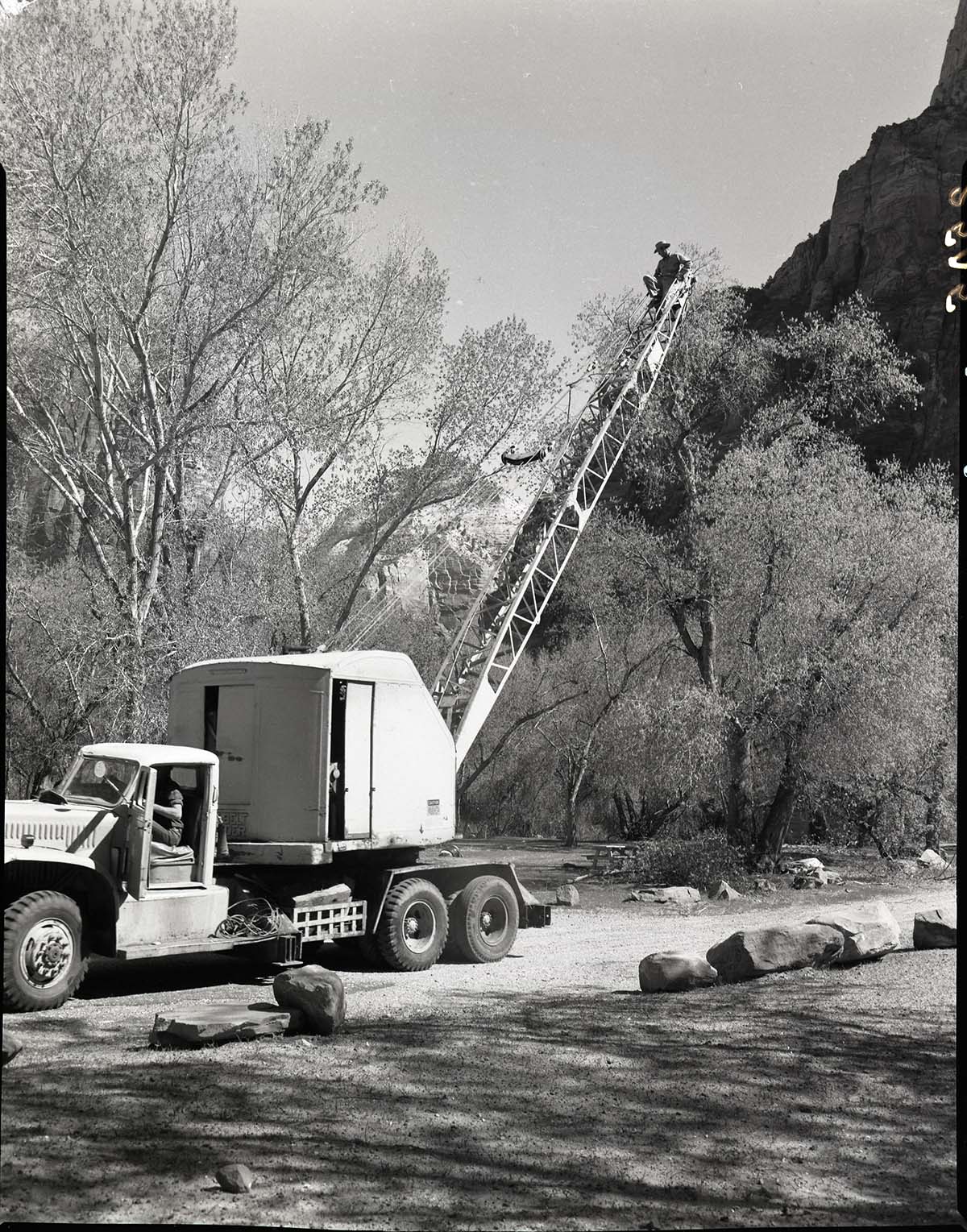 Crane being used in pruning cottonwoods in Grotto Campground.