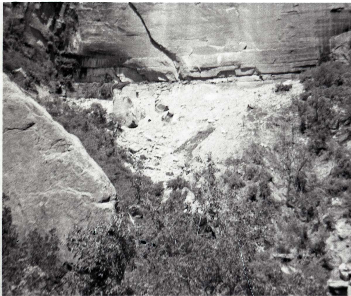 Rubble pile at base of canyon wall after rock slide. Birch Creek.