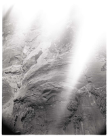BW photo of a rock slide along the Narrows Trail.