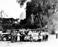 Park visitors assembled in front of Utah Parks Company bus at the Temple of Sinawava.