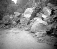 BW Photo of a rock slide in the Grotto area.