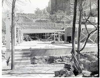 Rebuilding Zion Lodge after fire of January 28, 1966 - beginning of walls and beams of recreation hall.