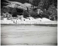 BW photo of the 1937 grazing study - 4x5. Fence line across canyon in Hop Valley.