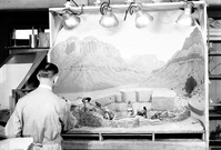 Western Museum Laboratory (WML) worker assembling the Zion Museum's Indian Pueblo diorama exhibit.