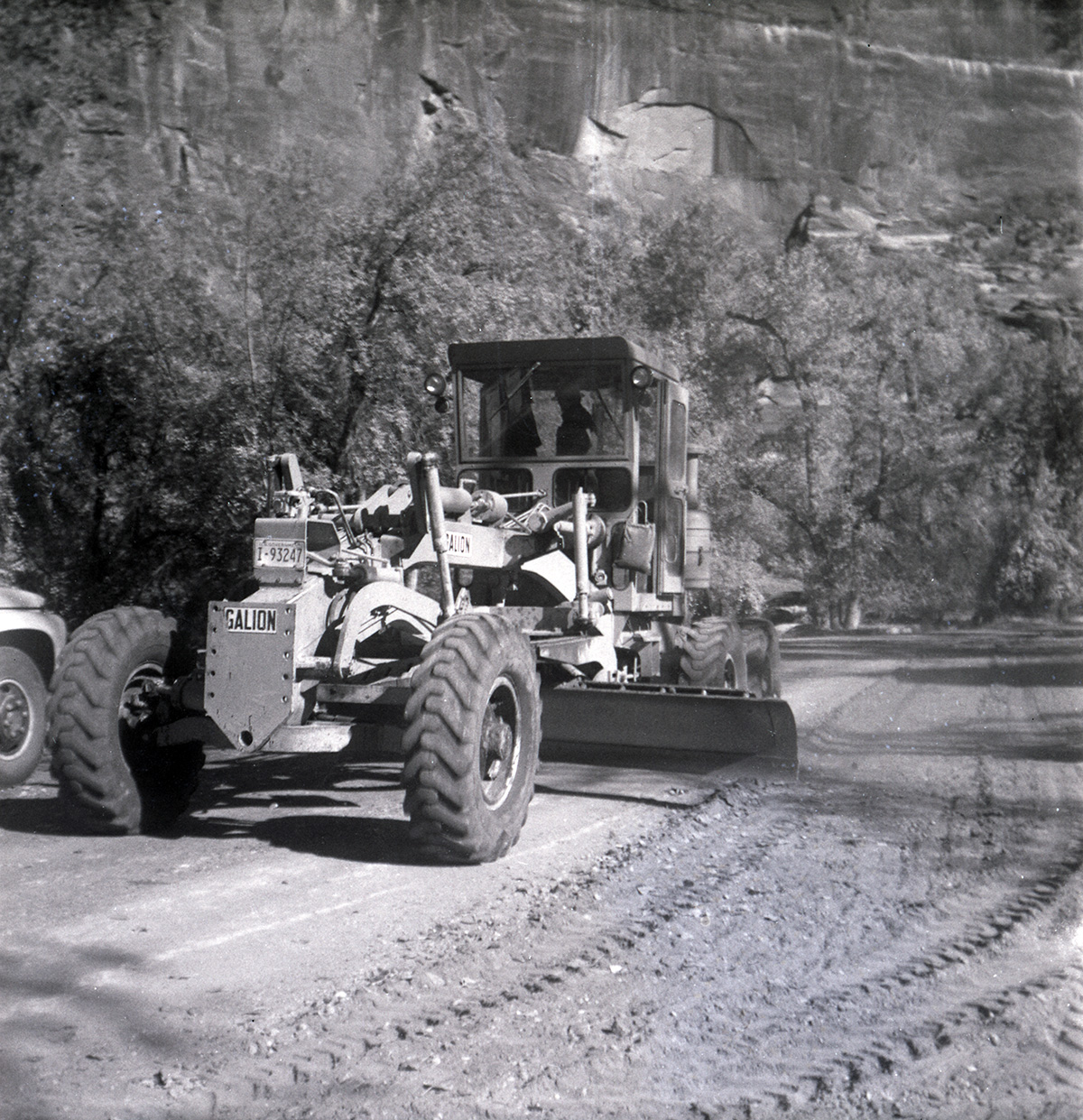 Excavator smoothing out road during construction near the Temple of Sinawava.