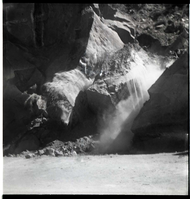 BW photo of rock slide near Echo Rock - 2.5" x 2.5".