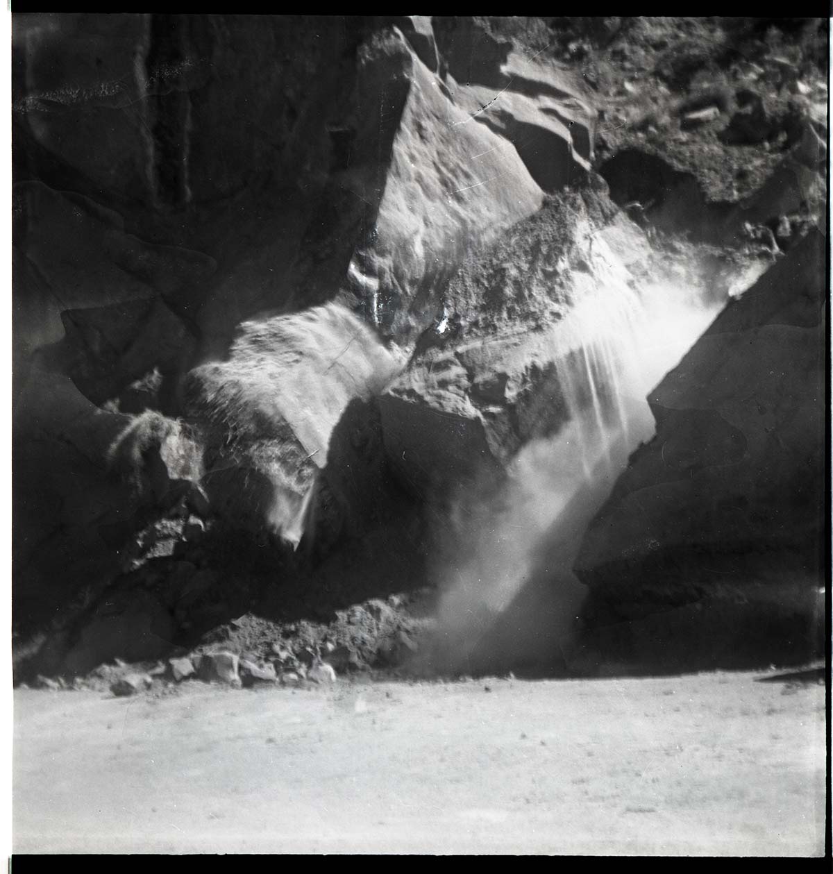 BW photo of rock slide near Echo Rock - 2.5" x 2.5".