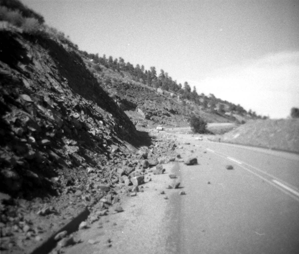 BW photos of rock slides in Kolob Canyons - 110mm. Rock slide over roadway.