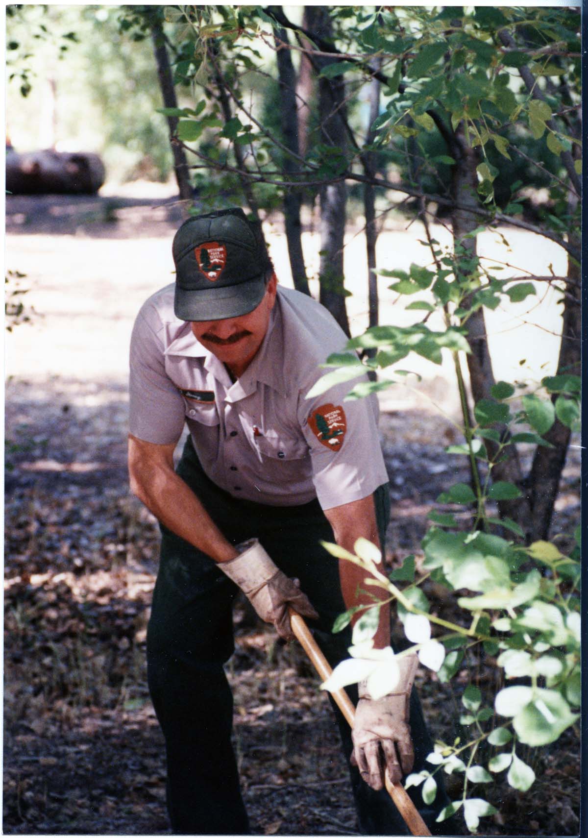 NPS employee picking up litter in campground area.