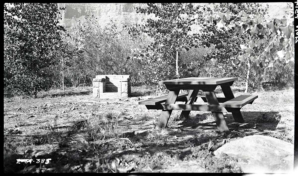 Typical campsite in South Campground with fireplace and picnic table.