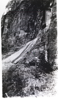 Tram and debris from construction of long tunnel, Zion Mt Carmel Hwy.