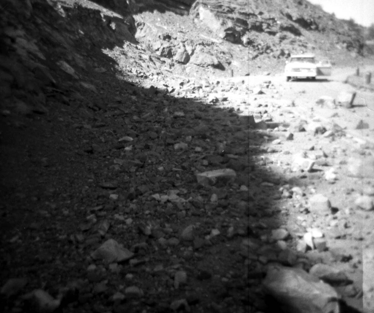 BW photos of rock slides in Kolob Canyons - 110mm. Rock slide over roadway.