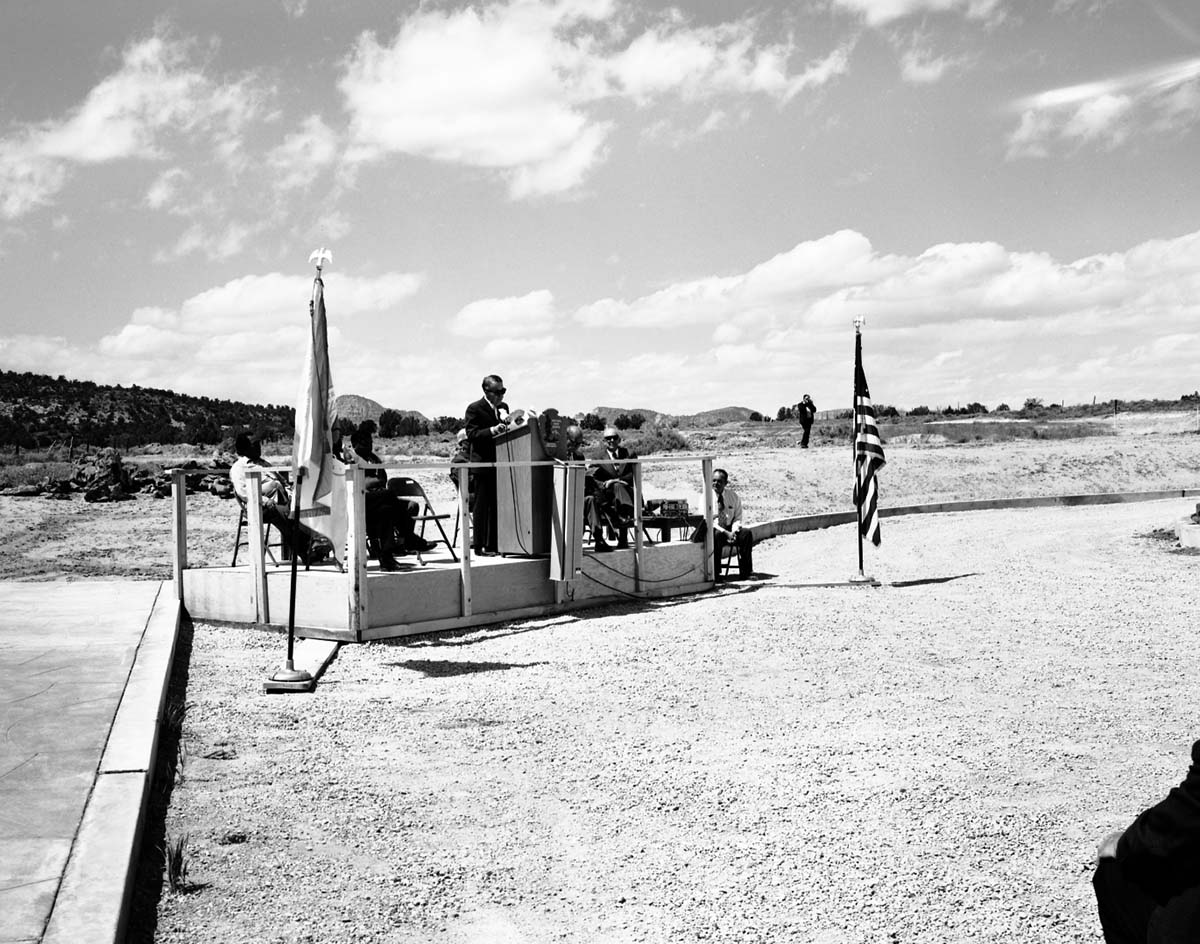 Arizona Governor Jack Williams addressing visitors at the dedication of new Tribal and National Park Service Visitor Center and 50th anniversary at Pipe Spring National Monument.