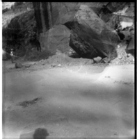 BW photo of rock slide near Echo Rock - 2.5" x 2.5".