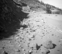 BW photos of rock slides in Kolob Canyons - 110mm. Rock slide on roadway.