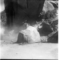 BW photo of rock slide near Echo Rock - 2.5" x 2.5".