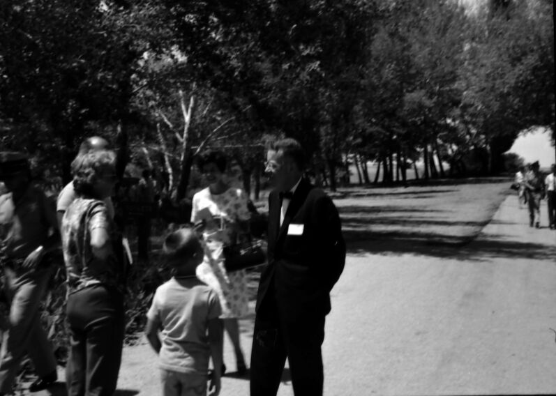 Arizona Governor Jack Williams standing by the railing in Winsor Castle fort. His visit following the dedication ceremony of Arizona State Highway 389, Fredonia, Arizona, August 5, 1967.